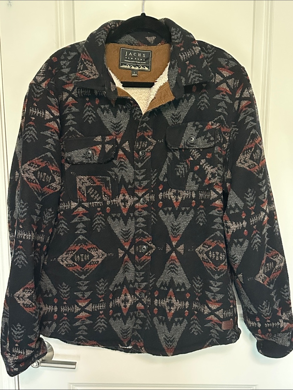 Jachs Black Aztec-Pattern Sherpa Shirt Jacket with Rust Accents